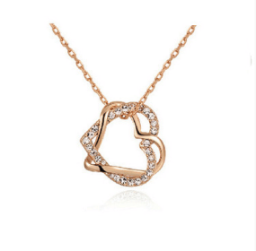 Yiwu Fashion Jewelry Factory Jewelry Customized Double Diamond Heart Necklace Earring Set (Option: A Golde)
