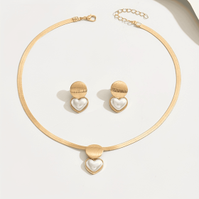 Three Fashionable, Elegant And Versatile Collarbone Brushed Geometric Heart Acrylic Pearl French Retro Snake Skin Chain Sets (Option: Necklaces and earrings)